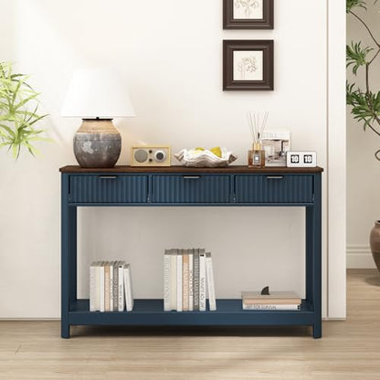 RUSTOWN Fluted Wood Console Table with 3 Drawers, 47.2" Boho Entryway Table | Narrow Behind Couch Sofa Table, Open Storage Shelf, Curved legs, 2 Tier Modern Farmhouse Hallway Table for Living Room, Foyer - color: Navy Blue