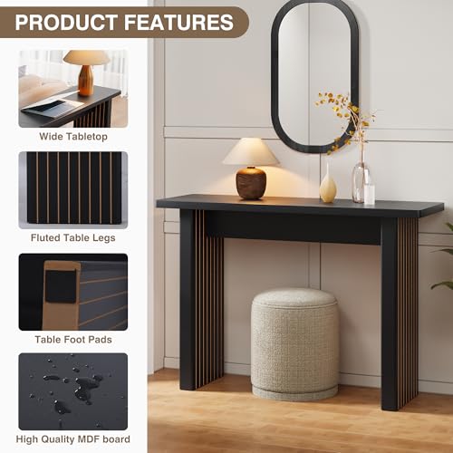 Mid Century Narrow Entryway Console Table, 43.3" Fluted Wood Couch Table Behind Sofa Long and Skinny for Living Room Hallway Entrance Foyer, Black - color: Black