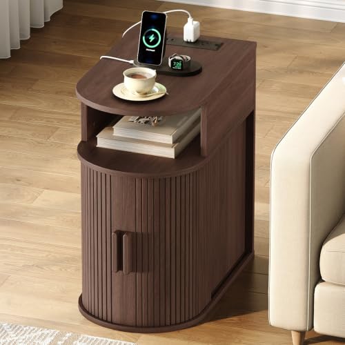 Narrow End Table with Charging Station, Fluted Sofa Side Table with Sliding Curved Door and Storage Shelf, Mid-Century Bedside Table, Modern Nightstand for Living Room, Bedroom, Walnut - color: Walnut