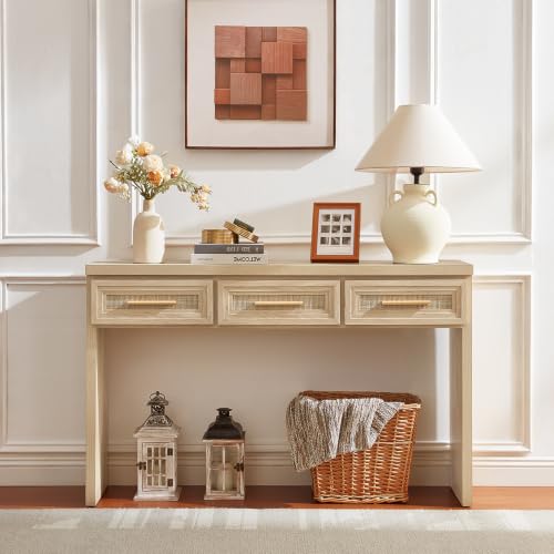 RWYHG 47" Entryway Table with 3 Drawers, Boho Rattan Console Table, Natural | Layered Drawer Front Design , Open Bottom Storage, Farmhouse Behind Couch Table, Entry Table for Living Room Hallway& Foyer - color: Rattan