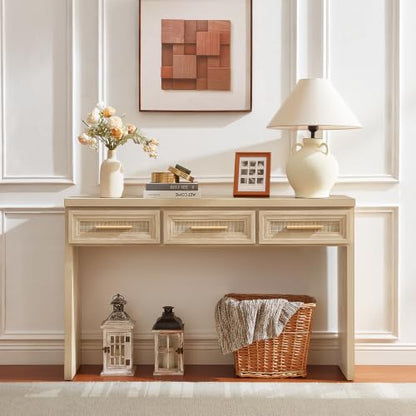 RWYHG 47" Entryway Table with 3 Drawers, Boho Rattan Console Table, Natural | Layered Drawer Front Design , Open Bottom Storage, Farmhouse Behind Couch Table, Entry Table for Living Room Hallway& Foyer - color: Rattan