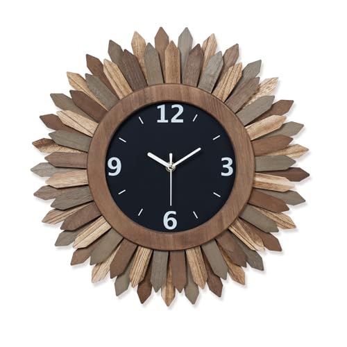 16 Inch Wall Clocks, Rustic Wood Boho Sunburst Decorative Wall Clock Battery Operated Silent Non Ticking Farmhouse Large Wall Clocks for Living Room Kitchen Bedroom Home Decor (Tricolor) - color: Tricolor, size: 16 inch