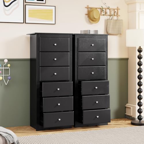 GIANTEX 6-Drawer Dresser for Bedroom, Wooden Chest of Drawers w/Metal Handles & Large Capacity, 16" D x 23.5" W x 53.5" H Clothes Organizer, Modern Tall Dresser for Bedroom, Entryway, Living Room - color: Black