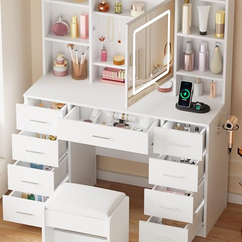 BEWISHOME Vanity Desk with Jewelry Storage,Power Outlet and Cushioned Stool | Makeup Vanity Table with Smart LED Mirror,3 Colors,Dressing Table with 9 Drawers and 6 Shelves for Bedroom Girls White