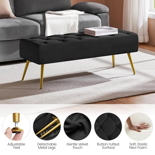 Yaheetech 45in Upholstered Velvet Ottoman Bench Seat with Gold Legs, Black | Tufted Upholstered Bench Seat, Bed Bench with Tapered Gold Metal Legs, Sized for Window Seat Entryway Living Room - color: Black