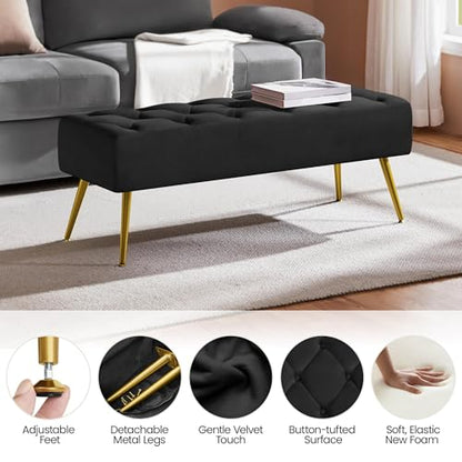 Yaheetech 45in Upholstered Velvet Ottoman Bench Seat with Gold Legs, Black | Tufted Upholstered Bench Seat, Bed Bench with Tapered Gold Metal Legs, Sized for Window Seat Entryway Living Room - color: Black