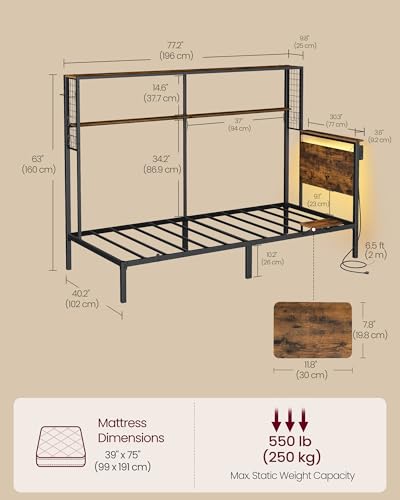 VASAGLE Twin Size Metal Bed Frame with Headboard, Multifunctional Storage, Built-in LED Lights, Charging Station, Bookshelf, Bedside Shelf, Space-Saving, No Box Spring Needed, Rustic Brown URMB963K02 - color: Rustic Brown