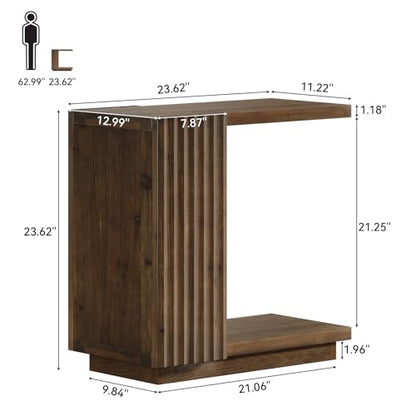 Solid Wood Side Table, C-Shaped Narrow End Table with Storage | 2-Tier Farmhouse Bed Side Table with Fluted Panels, Wood Nightstand for Bedroom, Living Room, Small Spaces, Dark Brown - color: Dark Brown