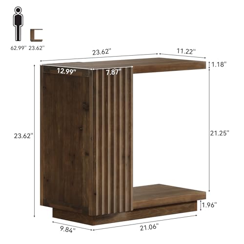 Solid Wood Side Table, C-Shaped Narrow End Table with Storage | 2-Tier Farmhouse Bed Side Table with Fluted Panels, Wood Nightstand for Bedroom, Living Room, Small Spaces, Dark Brown - color: Dark Brown