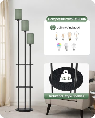 Floor Lamp with Shelves, Modern Floor Lamp with 3 Linen Shades and Foot Switch, 3-Light Standing Lamp, for Living Room, Bedroom, Study, Office, Black and Green J53LD05 - color: Black + Green