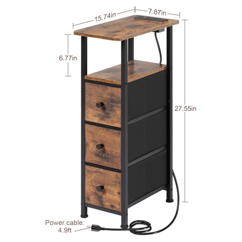 Narrow End Table with Charging Station, Small Nightstand | Skinny Side Tables Living Room with 3 Fabric Drawers, Bedside Table with LED Lights for Bedroom, Small Spaces, Rustic Brown - color: Rustic Brown + Black, size: 27.55''H (3 Drawers), style: Power