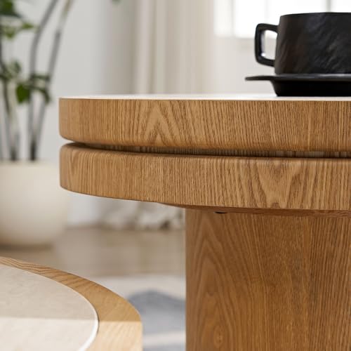 19.49 Round Side Table with Sintered Stone Tabletop & Sturdy Base, Modern MDF Circle Small Coffee Table Double Layer Tabletop End Table for Living Room, Easy Assembly - Natural - color: 19.49" Side Table With Sintered Tabletop,natural