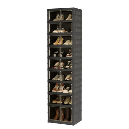 Foldable Shoe Organizer Storage Box, Portable Extra Large Folding Shoe Rack for Closet, Shoe Storage Box with Magnetic Transparent Door and Wheels, 9 Layers 18 Grids with 2 Big Grids - size: Black 9 Layers-B