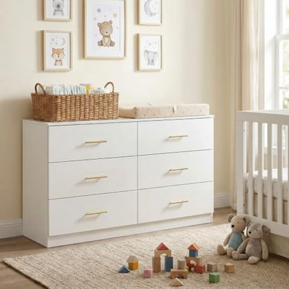 Modern White 6 Drawer Dresser with Gold Handles, 47" Chest of Drawers for Bedroom, Kids Room & Nursery, Wooden Storage Dresser for Girls Bedroom-1pc