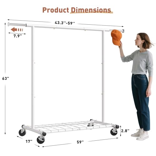 Raybee Clothes Rack, Metal Rolling Garment Rack with Extendable Rod | Storage Mesh Shelf, Lockable Wheels, Tool-Free Assembly, Collapsible Frame, for Bedroom, Laundry, Closet, Commercial, White - color: White, style: Single Rod