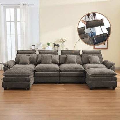 134'' Cloud Modern 4 Seater Couch with Detachable Headrest, Modular Sectional Sofa with 2 Ottomant, Oversized U Shape Chenille Comfy Sofa with Armrests for Living Room, Brown - color: Brown, size: U Shaped Couch