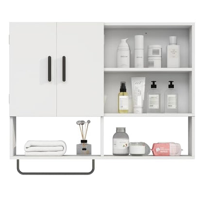 Bathroom Wall Cabinet with Towel Bar & 2 Doors, White - color: White