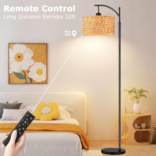 QIYIZM Floor Lamp for Living Room Bedroom Farmhouse Arc Rattan Boho Standing Lamp with Remote Dimmable Black Wicker Bamboo Lamp Shade Floor Light Adjustable Tall Lamp Industrial Floor Lamps Bohemian - size: 1-Floor Lamp
