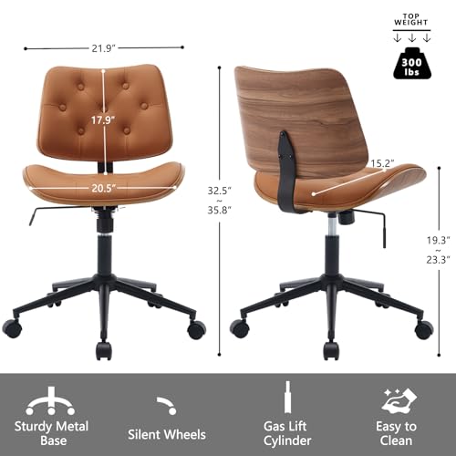 Armless Home Office Chair in Button Style, PU Leather Small, Brown | PU Leather Adjustable Height Computer Desk Chair, 360 Swivel Small No Arms Office Seat, Walnut Design Stool, 300LBS Cap - color: Brown, size: Button Style