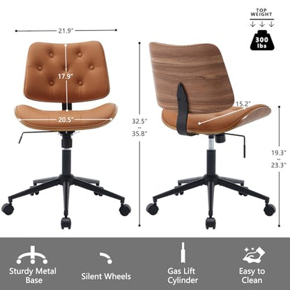 Armless Home Office Chair in Button Style, PU Leather Small, Brown | PU Leather Adjustable Height Computer Desk Chair, 360 Swivel Small No Arms Office Seat, Walnut Design Stool, 300LBS Cap - color: Brown, size: Button Style