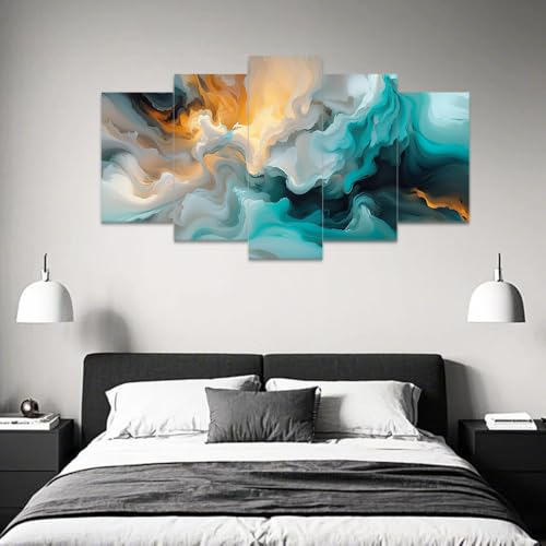 ZXHYWYM Teal Abstract Wall Art 5 Pieces Turquoise Wall Canvas Pictures Prints Modern Abstract Home Wall Decor for Living Room Bedroom Office Framed (Size 3) - color: Teal, size: 16"x24"x2 16"x32"x2 16"x40"x1