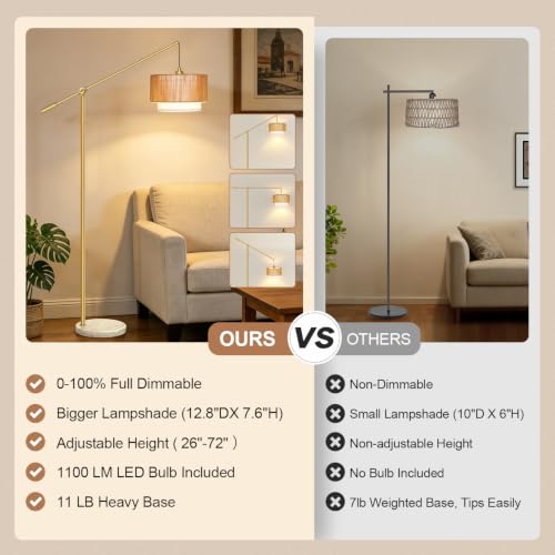 【Upgraded】Arc Floor Lamp for Living Room, Boho Dimmable Swing Arm Floor Lamp with Rattan & Fabric Shades, Gold Rattan Standing Lamp with Marble Base, Farmhouse Adjustable Tall Lamp for Bedroom Office - color: Bohemian-Marble Base-Gold