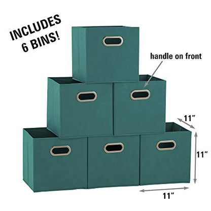 Household Essentials Fabric Storage Bins in Strong Poly‑Woven Fabric, Sturdy Chipboard Sides, Grommet Front Handle, Teal Green, Set of 6 - color: Teal, size: 11” L x 11” W x 11” H