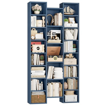 FOTOSOK 71'' H Bookshelf with 21 Cubes, Triple Wide Tall Bookshelf Blue | 8 Tier Bookcase with 8 Adjustable Shelves, Large Bookshelf DVD/CD Media Tower Storage, Freestanding Display Shelf Cabinet - color: Blue
