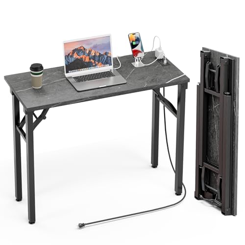 TEMI Small Computer Desk Folding Table - No Assembly, Compact 35.8" Foldable Desk with Power Outlets & USB Charging Port, Portable Small Office Desk, Ideal Mini Study Table, Marble Greige - color: Marble Greige, size: 35.8 Inch, style: With Power Outlets