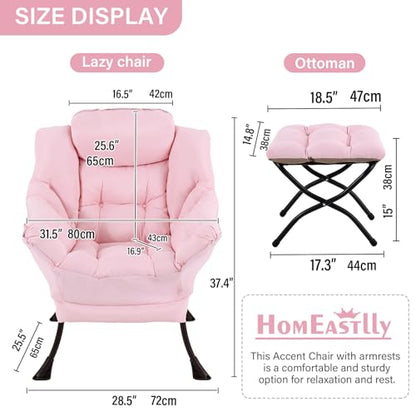 Lazy Chair with Ottoman, Soft Comfy Chair for Bedroom, Pink | Reading Accent Lounge Chair with folding Foot Stool for Living Room Dorm Apartment, sturdy metal frame - color: Pink