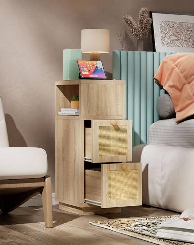 YMYNY Rattan Nightstands Set of 2, Boho Bedside Table with Open Shelf, 2 Drawers, 9.45" x 11.42" x 25.59", Narrow Side Table, Bedside Cabinet for Bedroom and Small Spaces, Natural UHST017N-2 - color: Natural