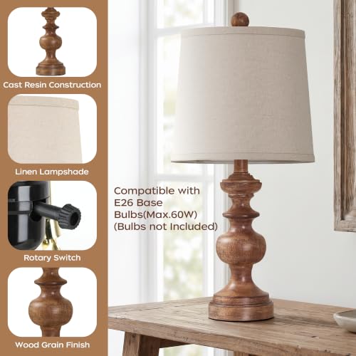 Farmhouse Table Lamp Set of 2, Rustic Table Lamps for Living Room Bedroom, 22" Mid Century Modern Desk Lamp Bedside Nightstand Lamps with Linen Tapered Drum Shades, Wood Grain - color: Wood Grain
