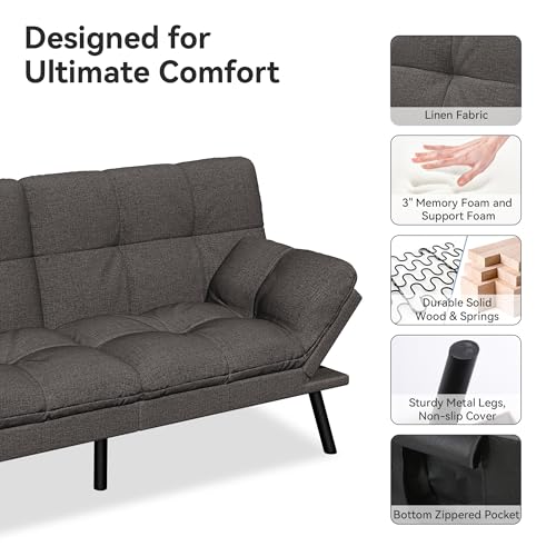 Vipbear Convertible Futon Sofa Bed,Grey Linen Futon Couch with Detachable Cushion,Adjustable Backrest & Armrest,Modern Small Recliner Loveseat Sleeper Couch for Living Room,Office,Apartment