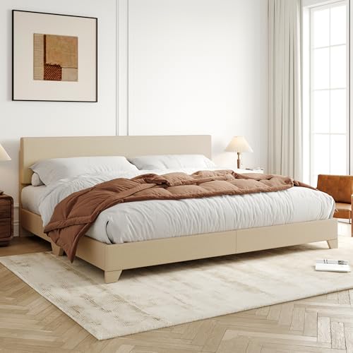 Allewie King Size Upholstered Bed Frame Adjustable Headboard, Beige | Platform Bed with Heavy Duty Mattress Foundation, Noise-Free, Easy Assembly, Wood Slat Support, No Box Spring Needed - color: Beige, size: King