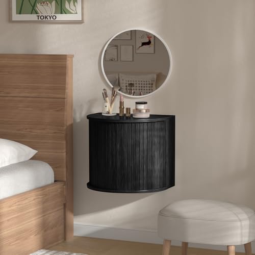 Floating Nightstand Set of 2 with Sliding Roller Shutter Doors,Black-06 | Set of 2 Floating Nightstands,Smooth Sliding Roller Shutters Hide Clutter.Curved Rounded Edges,Space-saving. - color: Floating Nightstand-black