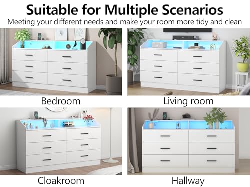 6 Drawer Dresser for Bedroom with Charging Station, Dresser with LED Light | Chest of Drawers for Closet, Modern Dressers with Open Storage Cubby, Double Wide Dressers - color: White