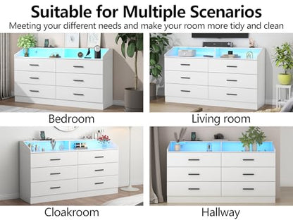 6 Drawer Dresser for Bedroom with Charging Station, Dresser with LED Light | Chest of Drawers for Closet, Modern Dressers with Open Storage Cubby, Double Wide Dressers - color: White
