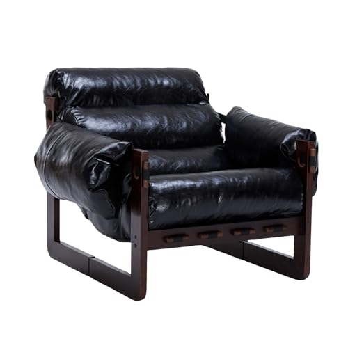 Modern Leather Accent Chair, Mid Century Reading Chair with Solid Wood Frame and Removable Padded Armrests, Upholstered Armchair with Soft Cushion for Bedroom Balcony Lounge Reading Room, Retro Black - color: Pu Leather-black