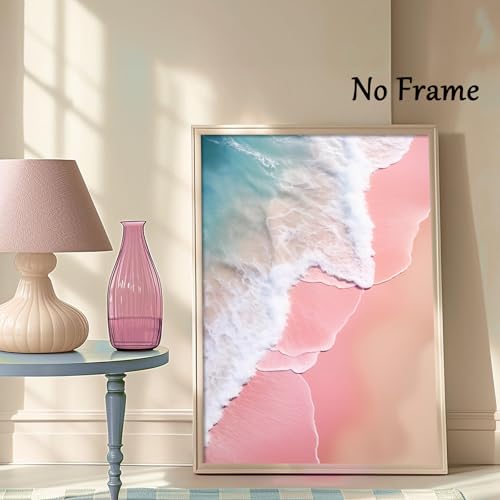 Pink Blue Beach Canvas Wall Art Coastal Themed Beach Landscape Painting Sea Coast Wall Art Pink Coastal Aesthetic Prints Ocean Pink Artwork Sea Preppy Pictures Ocean Waves Poster 16x24inch No Frame - color: A2Unframed