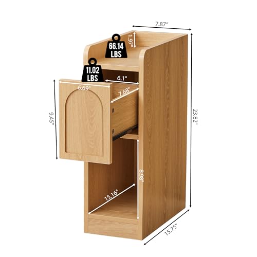 Narrow Nightstands Set of 2, Slim Bedside Tables with Raised Edge Top, Arched Drawer & Open Shelf, Modern Wooden Small End Tables for Bedroom Small Spaces (2, Natural) - color: Natural-arched Drawer, size: 2-Pack