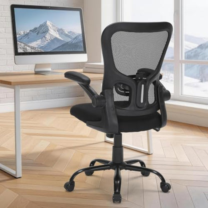Ergonomic Mesh Office Chair with Adjustable Lumbar Support, Flip-Up Arms & Rolling Swivel Base, Breathable Computer Desk Chair for Home Office, Study & Remote Work, Black