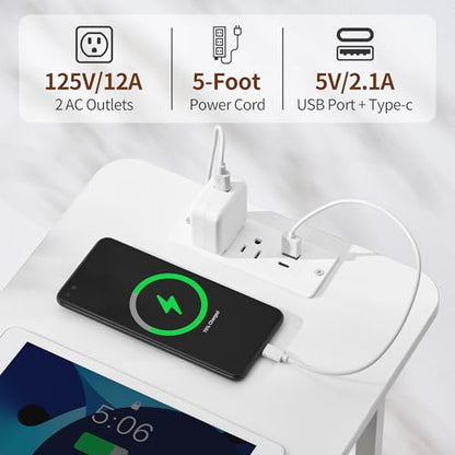 Narrow End Table with Charging Station, Narrow Side Table with 3 Fabric Drawers, Slim Nightstand with LED Light, Small Table with Storage, Living Room, Bedroom, White HKET1303WT - color: White, size: 11.8" W x 23.6" D, style: Power + Light