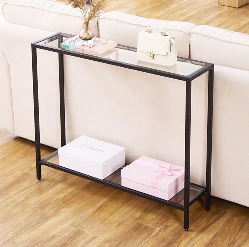 Small Modern Console Table for Entryway, Tempered Glass with Metal Frame Sofa Table for Living Room, Hallway, Office (Double-Layer, Black) - color: Black, style: Double-layer