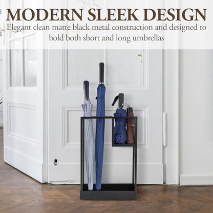 MyGift Modern Black Metal Entryway Umbrella Rack with Geometric Design, 13 x 5-inch Wide Rectangular Freestanding Cane Umbrella Holder with Shelf for Small Umbrellas and Bottom Drip Catch Tray - color: Black, size: 13.4″(Rectangle)