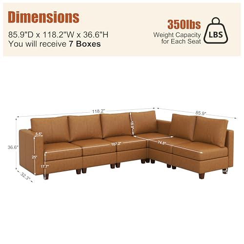 MINCETA Modular Sectional Sofa, Modern Comfy Sofa with Upholstered and Storage Ottoman for Living Room,Bedroom(Brown, 6 Seat L Shape) - color: Brown, size: 118.2"W*85.9"D