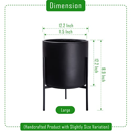 D'vine Dev Cylinder Planter Pot with Metal Stand, Black, 12 in, 96-T-B-3 | Durable Fiberclay Construction, Sleek Modern Design, Heavy-Duty Iron Stand, Drainage Hole & Saucer, Elegant Indoor Display - color: Black, size: Large 12 Inch