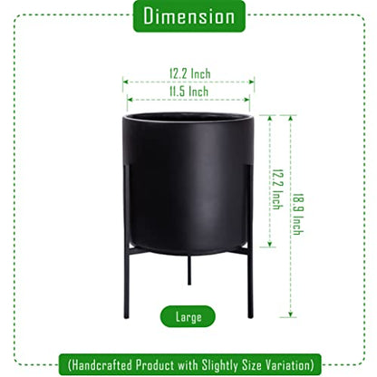 D'vine Dev Cylinder Planter Pot with Metal Stand, Black, 12 in, 96-T-B-3 | Durable Fiberclay Construction, Sleek Modern Design, Heavy-Duty Iron Stand, Drainage Hole & Saucer, Elegant Indoor Display - color: Black, size: Large 12 Inch
