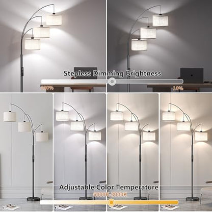 SUNMORY 3 Lights Floor Lamp with Remote Control and 3 Stepless Dimmable Bulbs, 78" Tall Standing Lamp with Hanging Drum Shade & Heavy Base, Modern Arc Floor Lamps for Living Room, Bedroom, Office | 3 Stepless Dimmable Bulbs, Hanging Drum Linen Shade & Hea