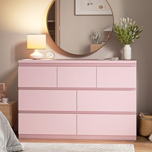 Jocoevol Modern Pink 7 Drawer Dresser for Bedroom, Simply Chest of Drawers, Wood Storage Dresser with Deep Drawers for Living Room Hallway Entryway, Pink - color: Pink