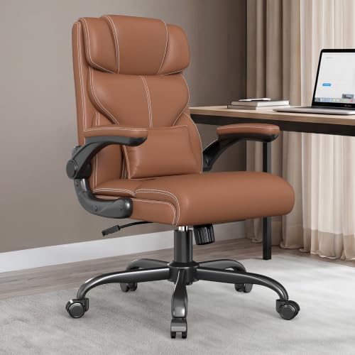 Office Chair, Executive Mid-Back Computer Desk Chair with Flip-up Armrests | 300 Lbs Ergonomic Leather Swivel PC Chair with Rock Function for Working Studying (Brown) - color: Brown